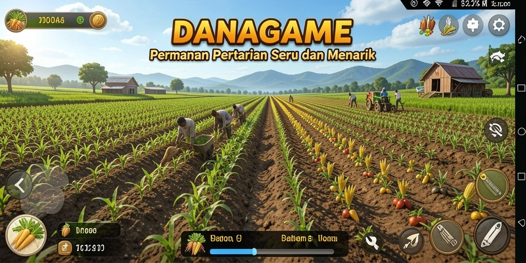 Tangkapan layar utama DANAGAME menampilkan aktivitas bertani yang seru.