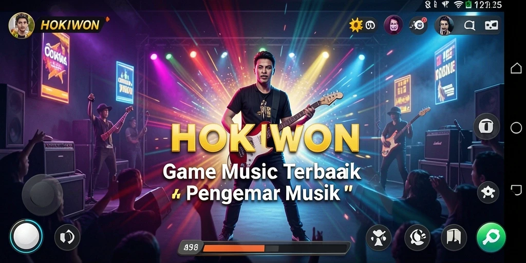 Tampilan gameplay HOKIWON dengan antarmuka musik yang menarik.