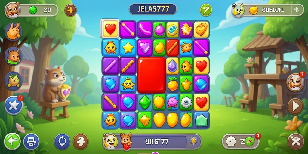 Tampilan gameplay seru di JELAS777 dengan tantangan Match-3.