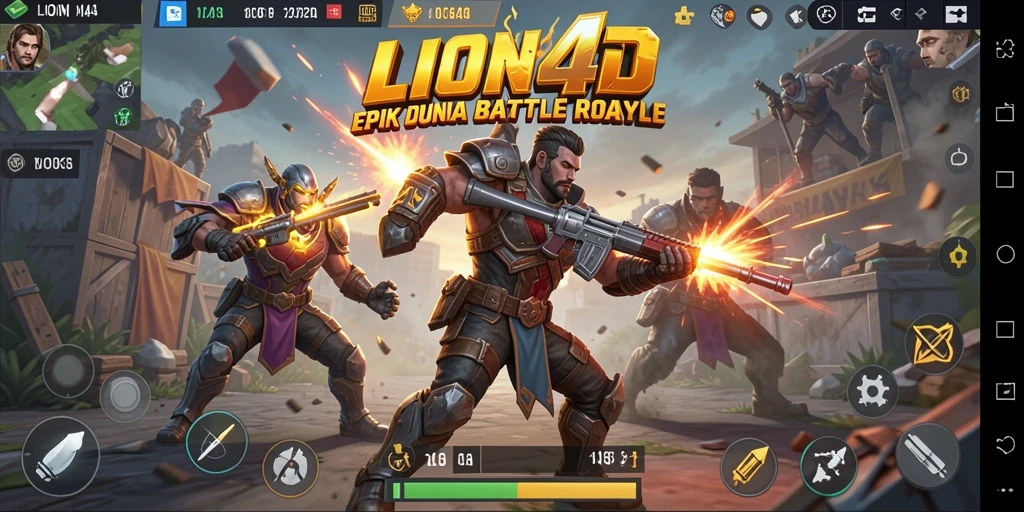 Screenshot LION4D menampilkan pemain berjuang dalam pertempuran Battle Royale yang intens.