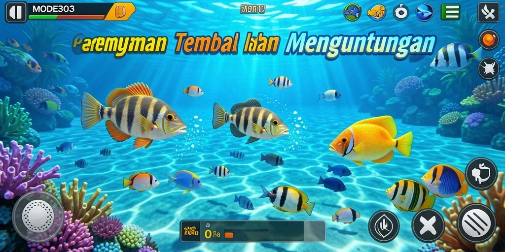 Tangkapan layar utama MODE303 menunjukkan aksi tembak ikan yang seru.